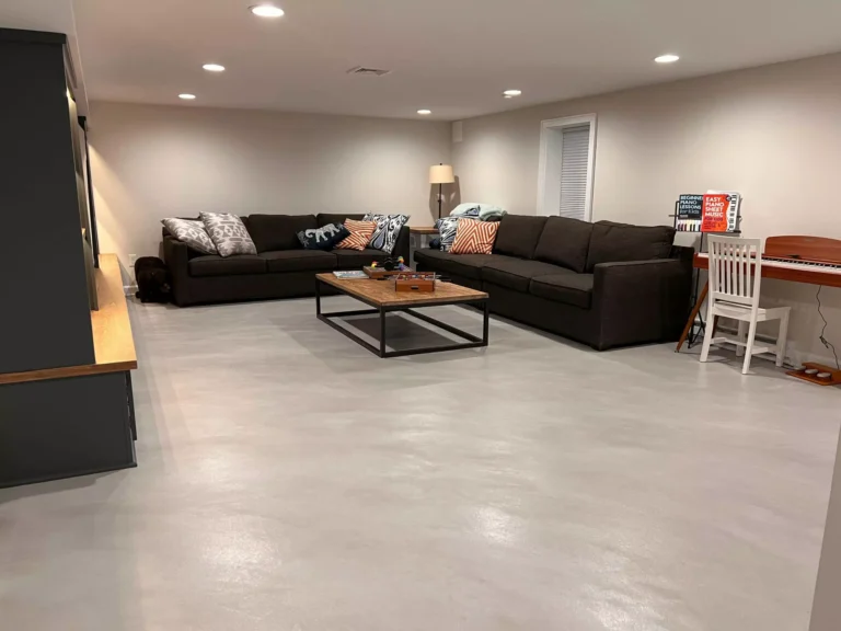 Durable epoxy basement floor in a finished residential basement