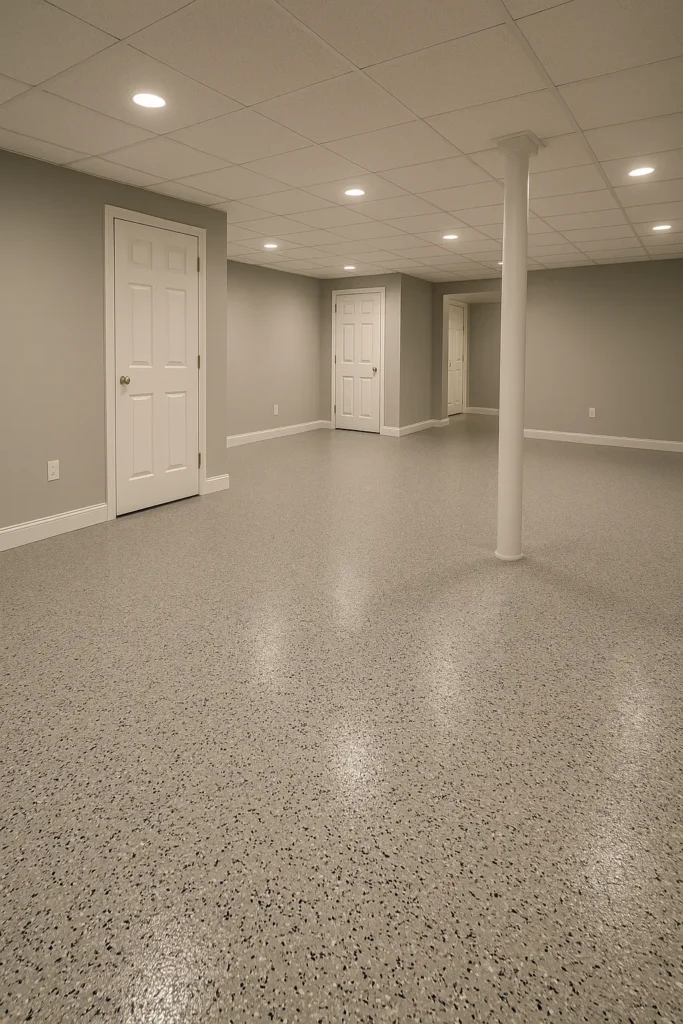 Epoxy flake floor in a finished residential basement with recessed lighting