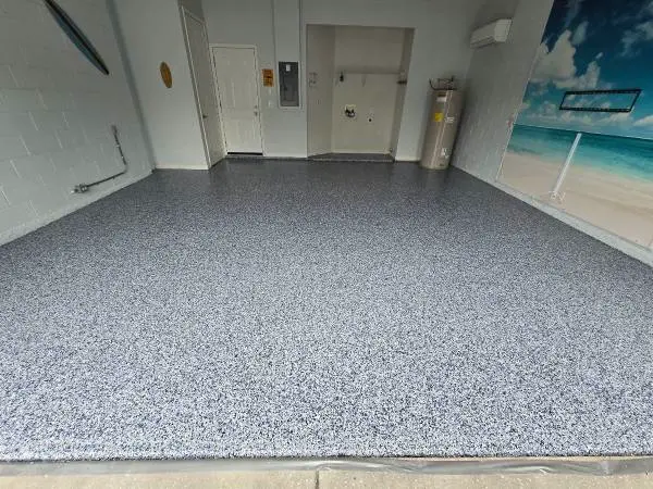 Epoxy flooring in Warren garage with full flake epoxy system
